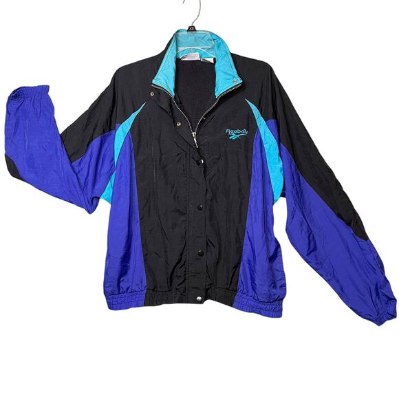 Vintage Reebok Jacket Womens Large Black Purple Blue Windbreaker 90s Track Coat - Picture 2 of 13